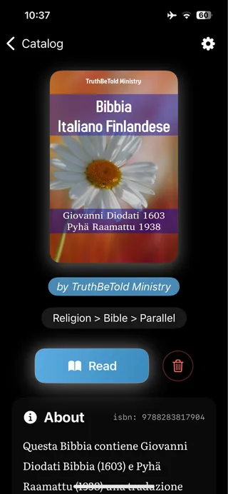 BibleRead book detail showing parallel Bible with cover art and reading options